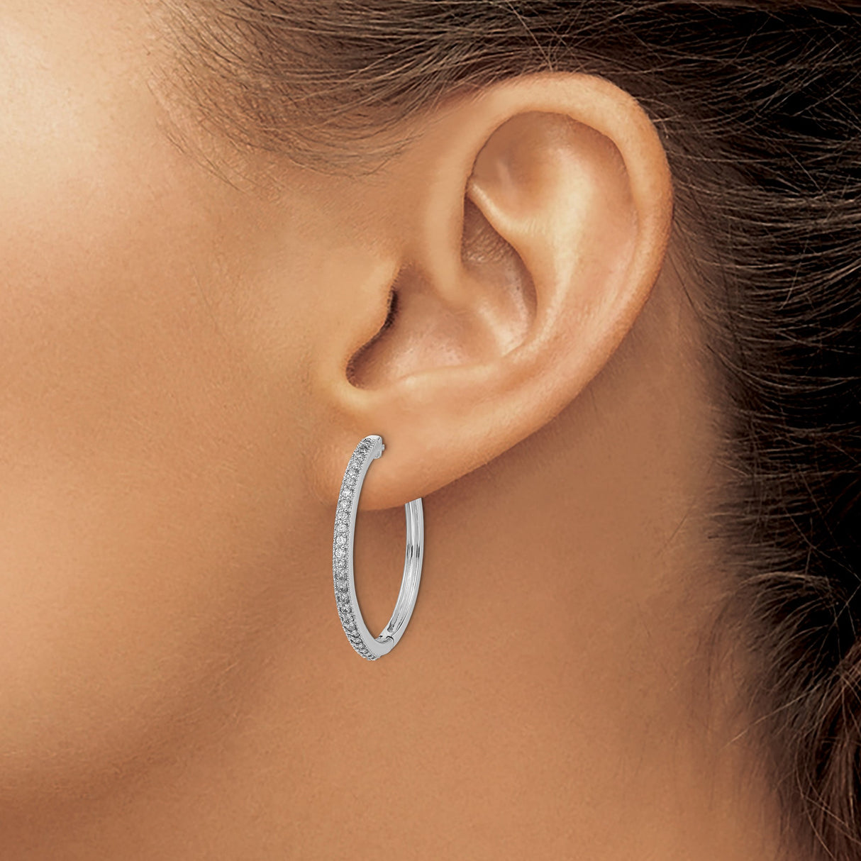 14k White Gold Hoop Earrings with Round Diamonds, Polished Sleek Design for Women