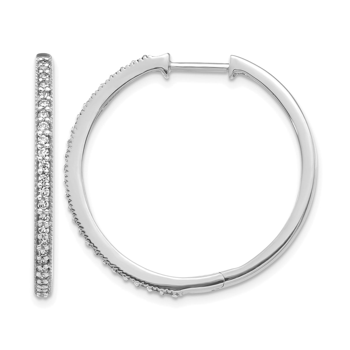 14k White Gold Hoop Earrings with Round Diamonds, Polished Sleek Design for Women