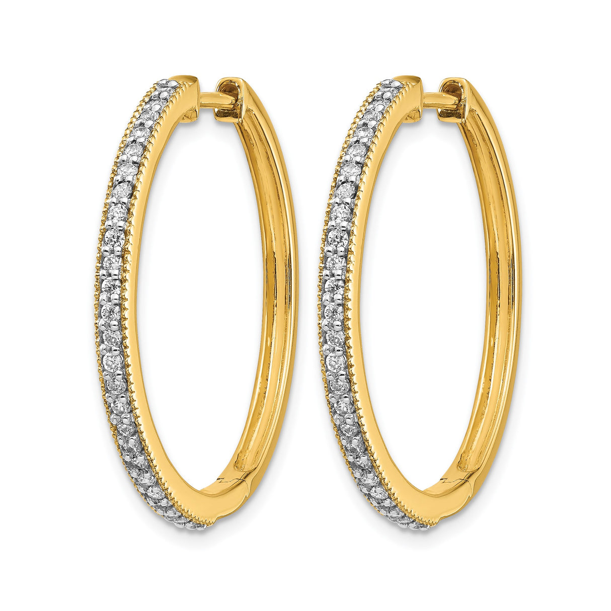 14k Yellow Gold Hoop Earrings with Pavé Set Diamonds, Classic Hinged Design for Women