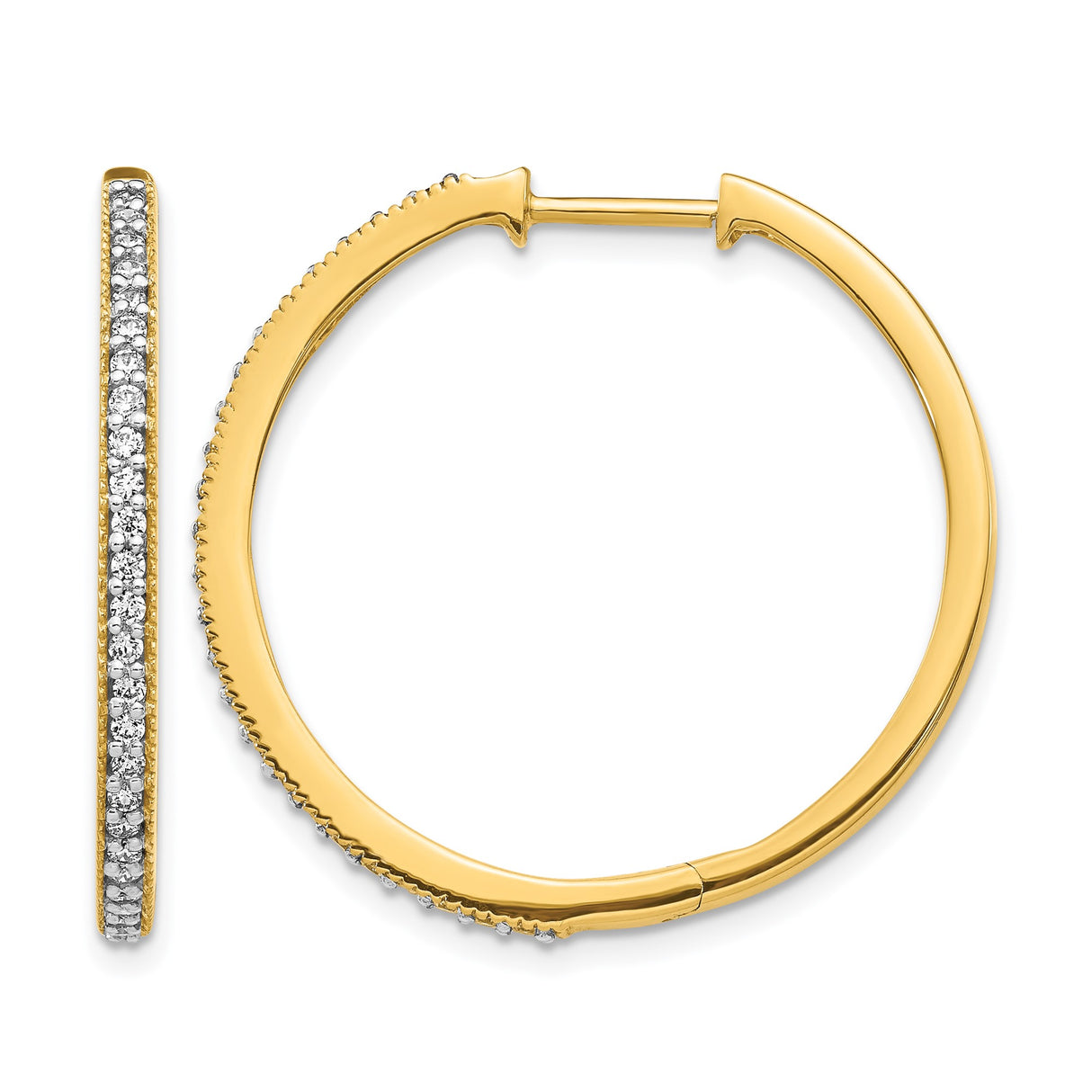 14k Yellow Gold Hoop Earrings with Pavé Set Diamonds, Classic Hinged Design for Women