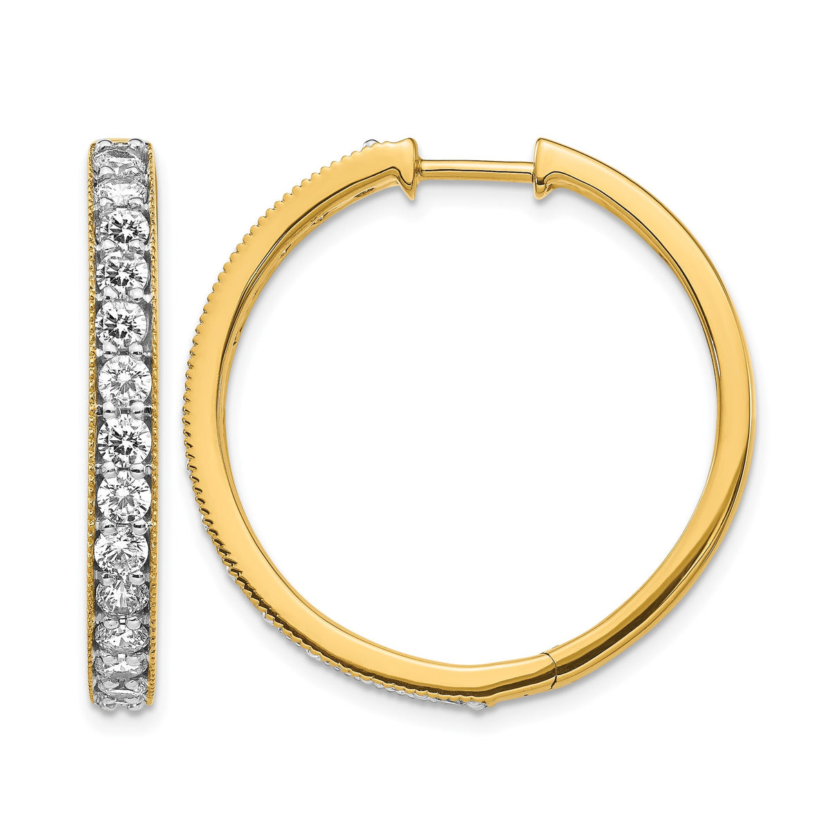 14k Yellow Gold Hoop Earrings with Round Cut Cubic Zirconia in Channel Setting