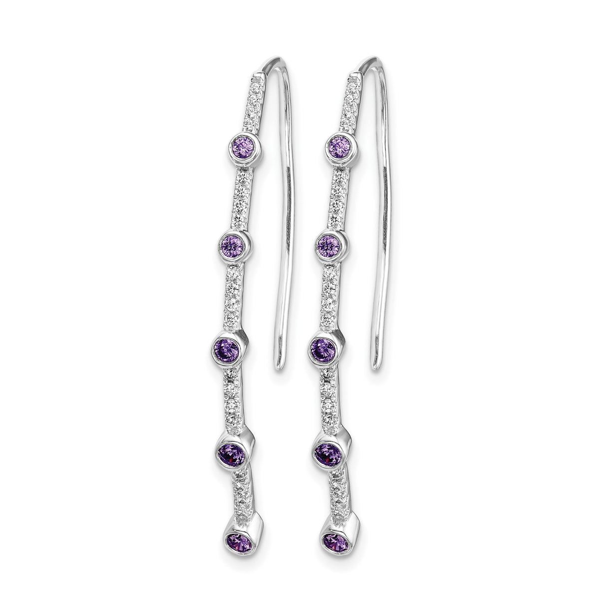14k White Gold Threader Earrings with Amethyst Drops, Linear Modern Design for Women