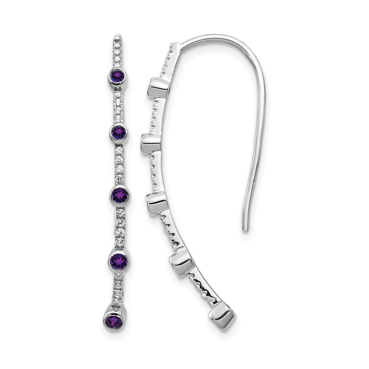 14k White Gold Threader Earrings with Amethyst Drops, Linear Modern Design for Women