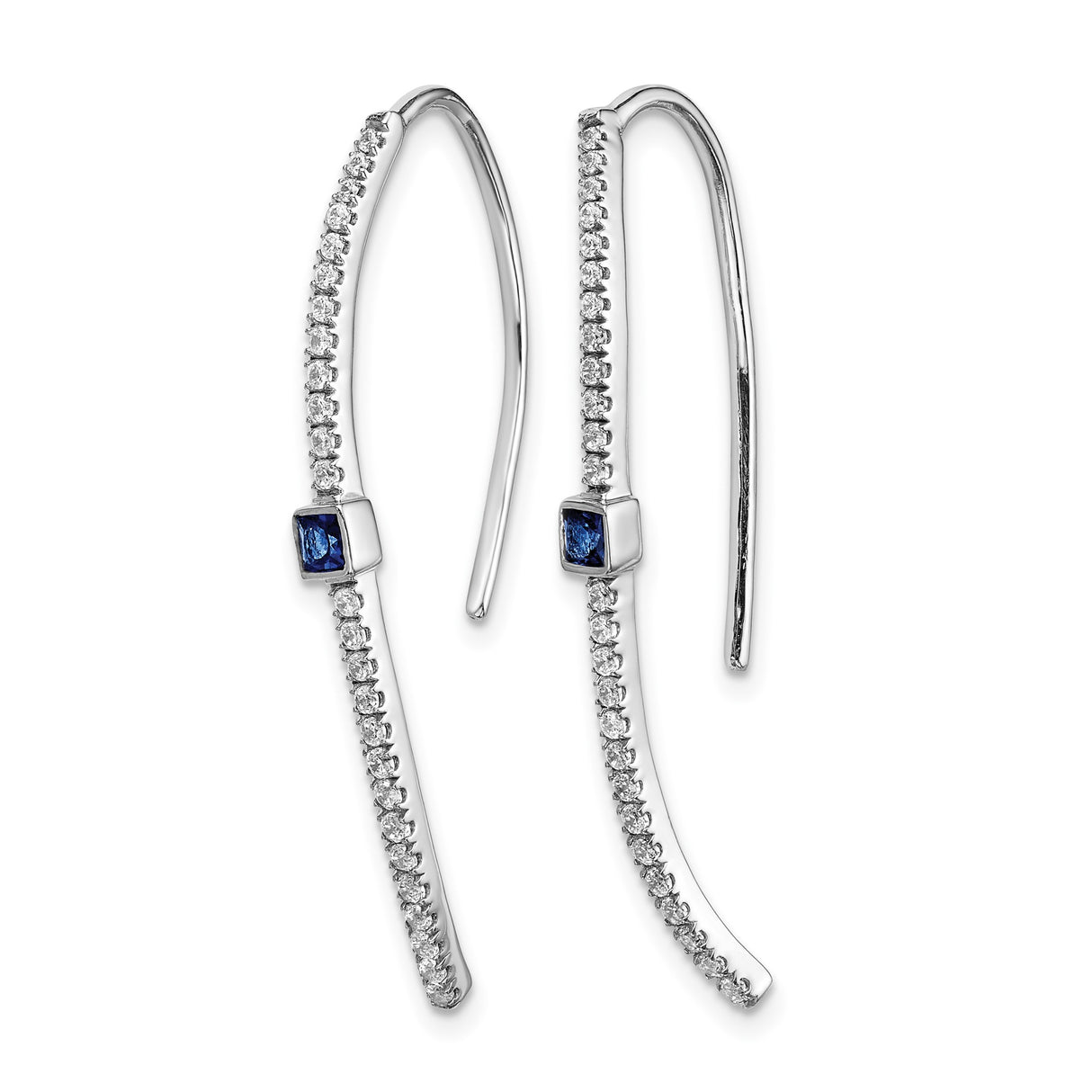 14k White Gold Drop Earrings with Blue Sapphire and Diamond Accents, Curved Design