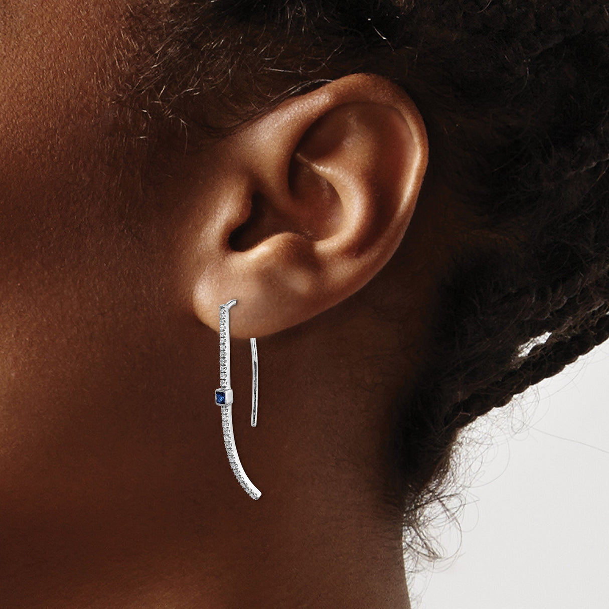 14k White Gold Drop Earrings with Blue Sapphire and Diamond Accents, Curved Design