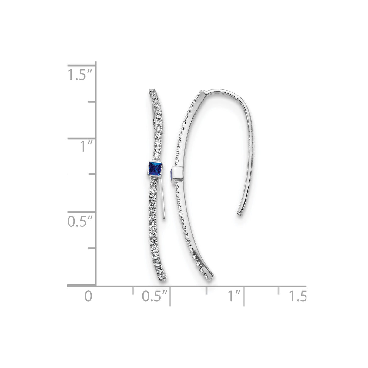 14k White Gold Drop Earrings with Blue Sapphire and Diamond Accents, Curved Design