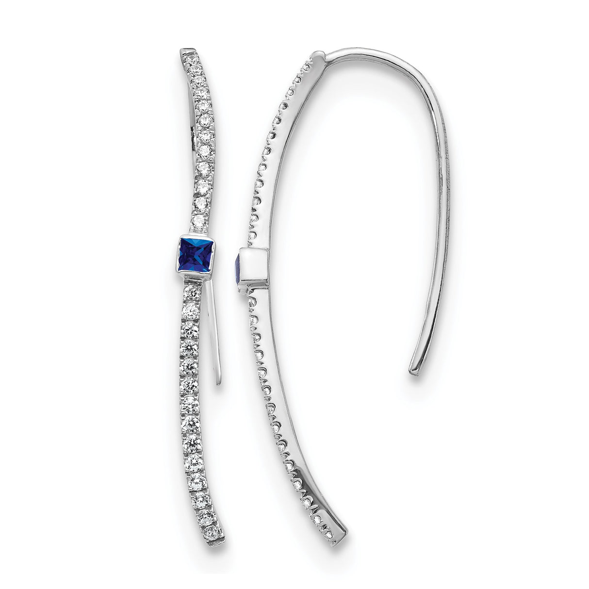 14k White Gold Drop Earrings with Blue Sapphire and Diamond Accents, Curved Design