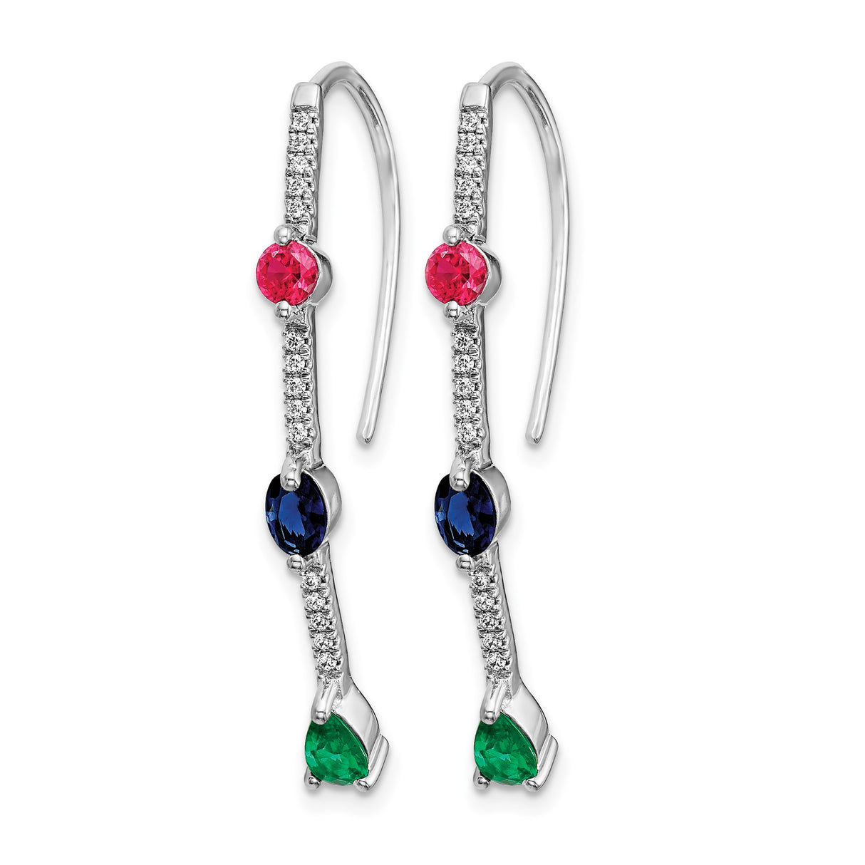 14k White Gold Linear Drop Earrings with Ruby, Emerald, Sapphire and Diamond Accents