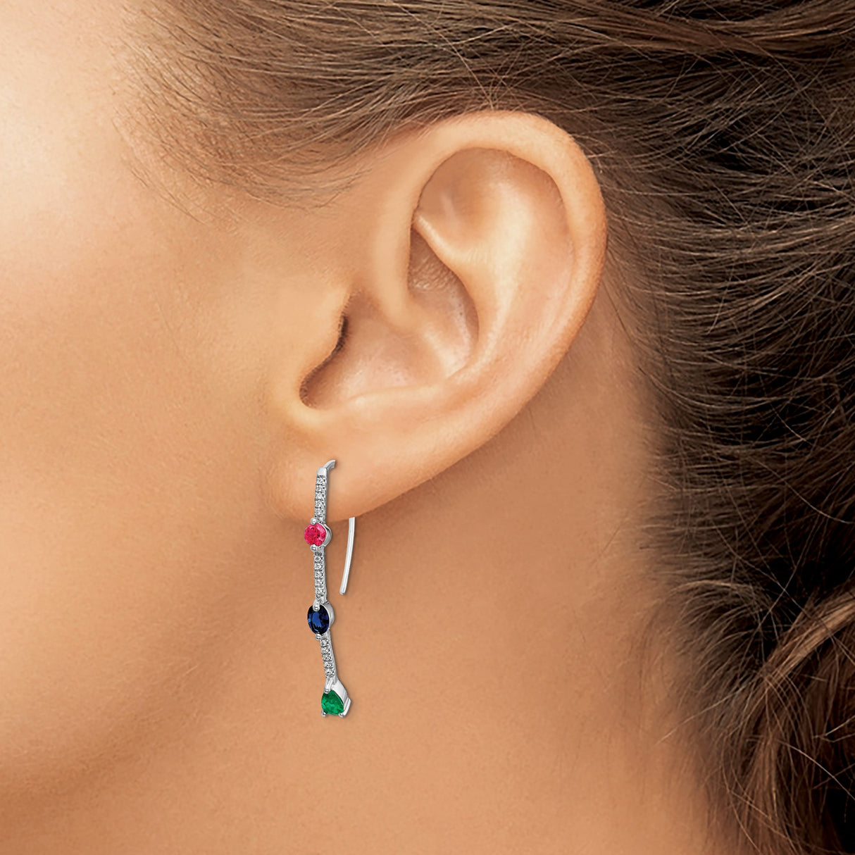 14k White Gold Linear Drop Earrings with Ruby, Emerald, Sapphire and Diamond Accents
