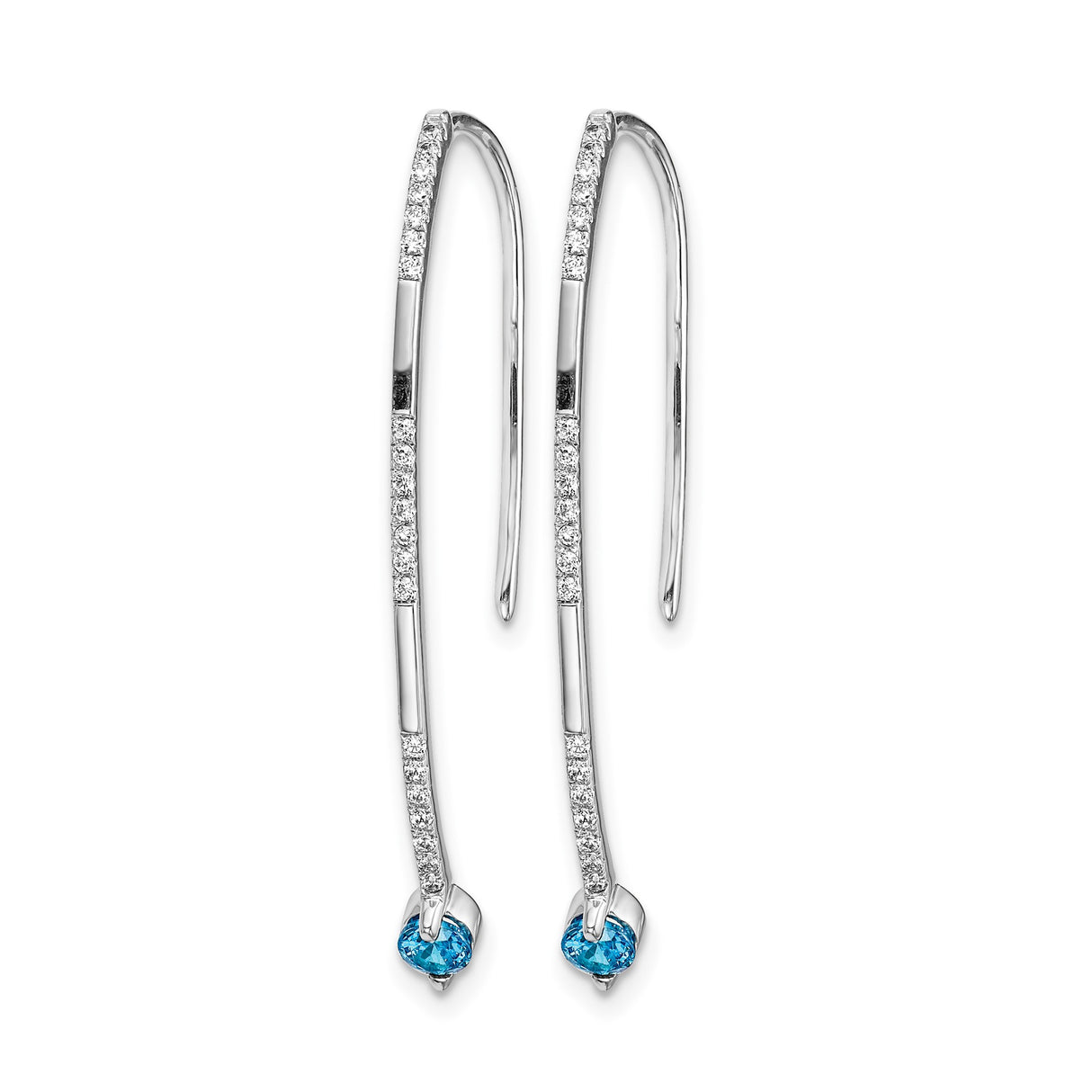 14k White Gold Threader Earrings with Swiss Blue Topaz and Diamond, Curved Modern Dangle Style