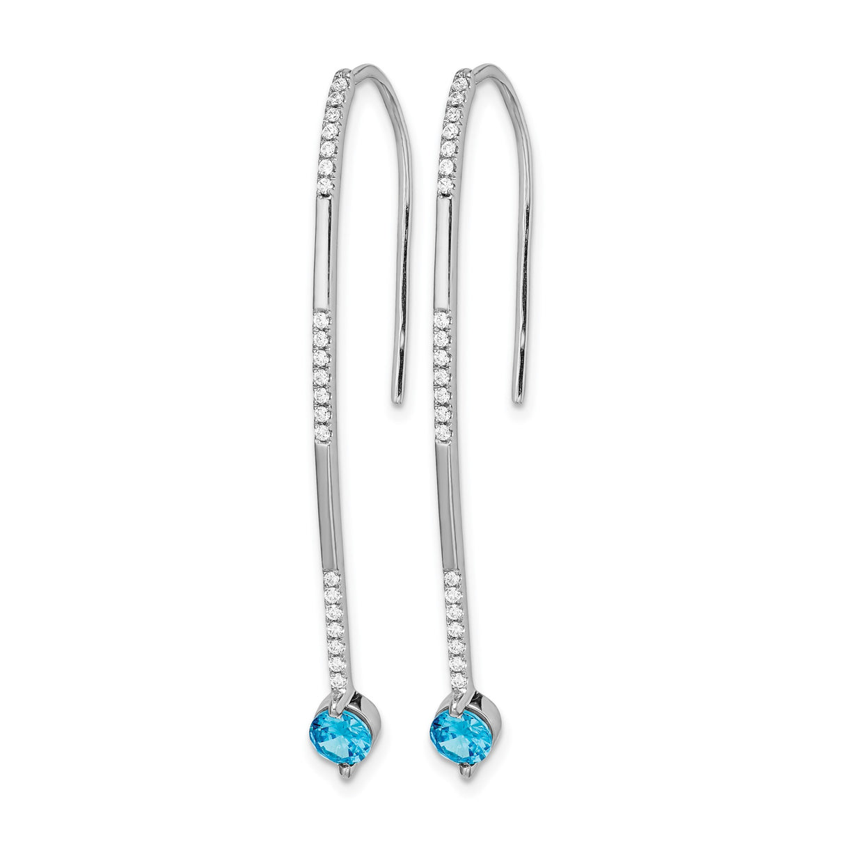 14k White Gold Threader Earrings with Swiss Blue Topaz Drop and Diamond Accents, Curved Bar Design