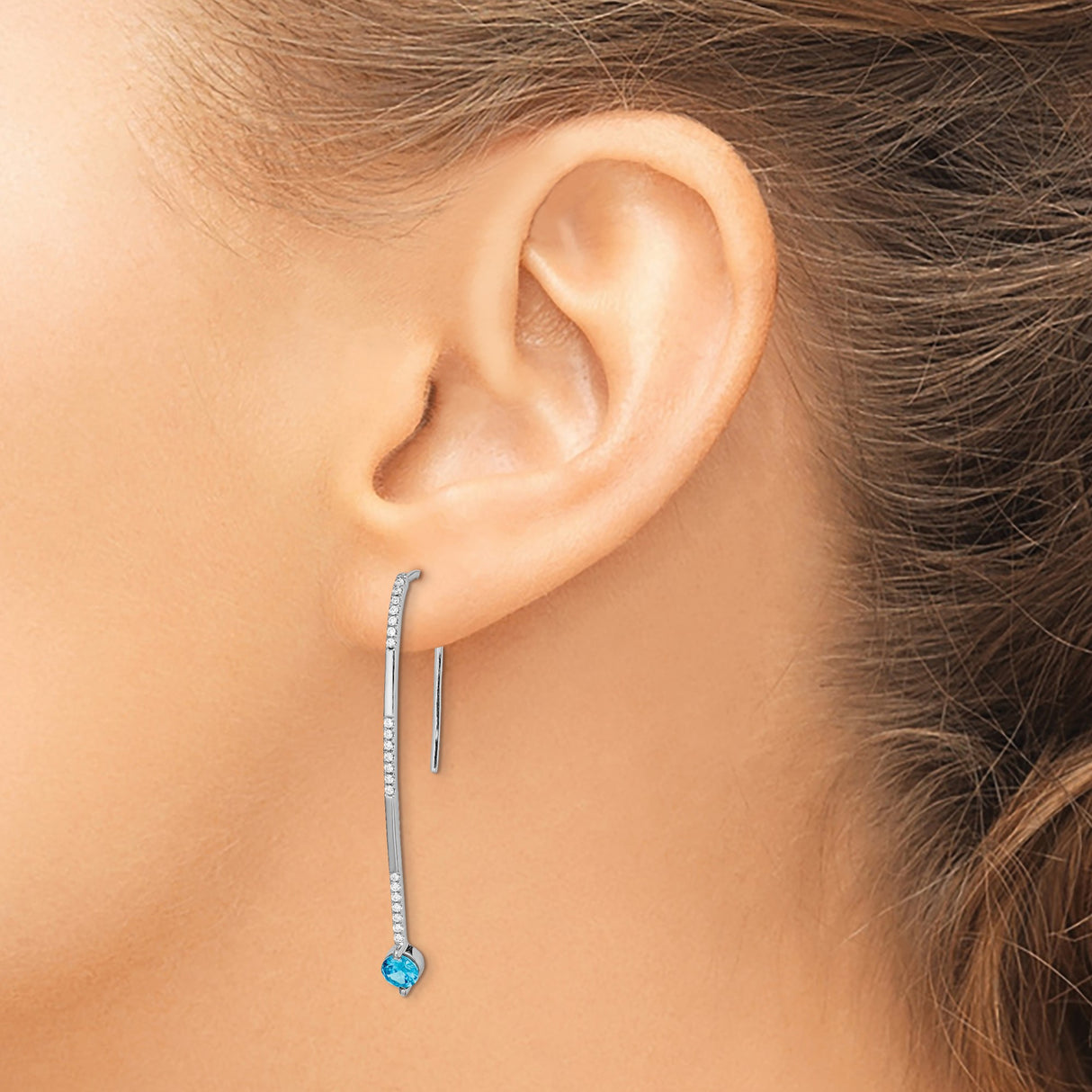 14k White Gold Threader Earrings with Swiss Blue Topaz Drop and Diamond Accents, Curved Bar Design