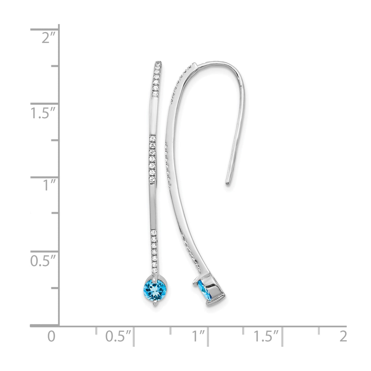 14k White Gold Threader Earrings with Swiss Blue Topaz Drop and Diamond Accents, Curved Bar Design