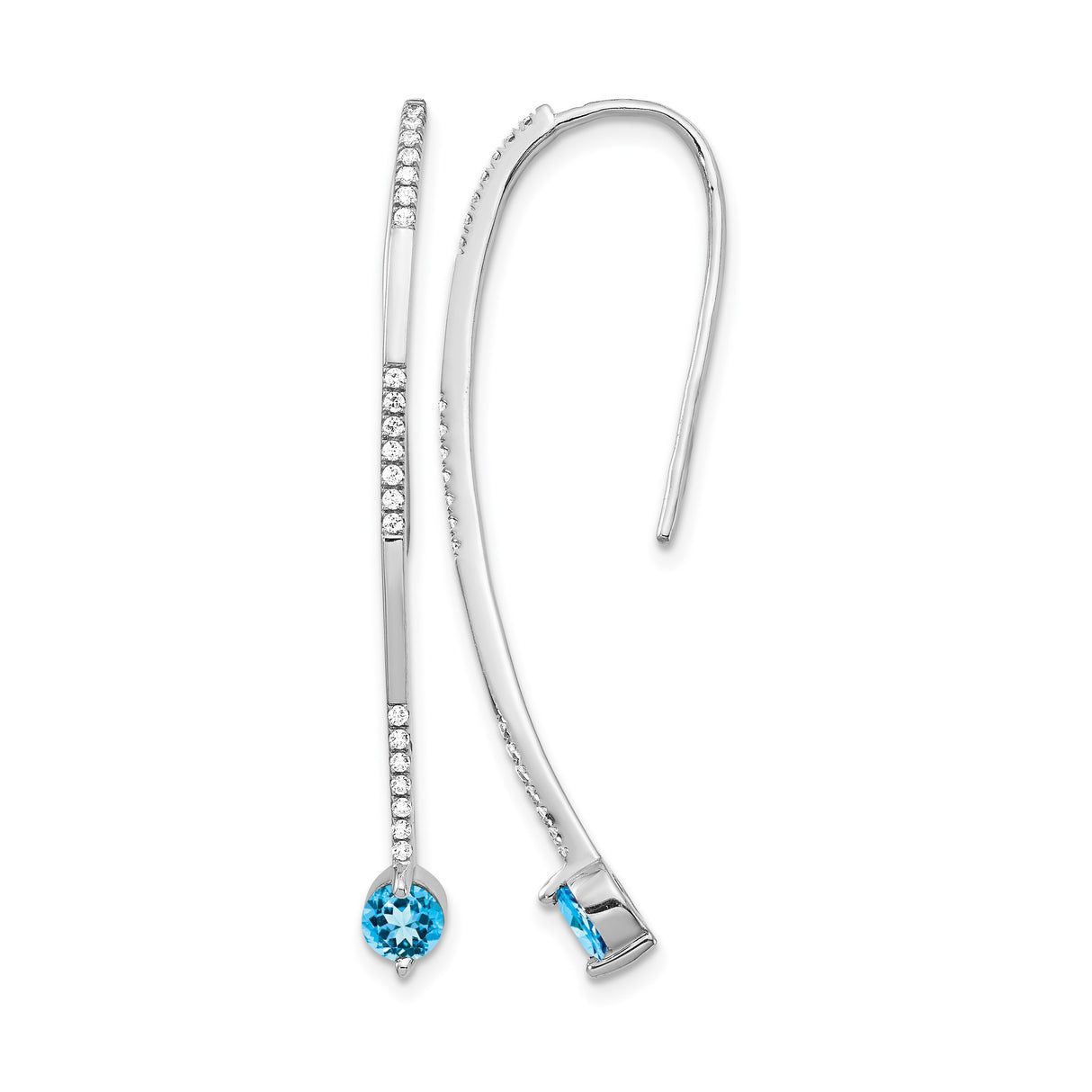 14k White Gold Threader Earrings with Swiss Blue Topaz Drop and Diamond Accents, Curved Bar Design