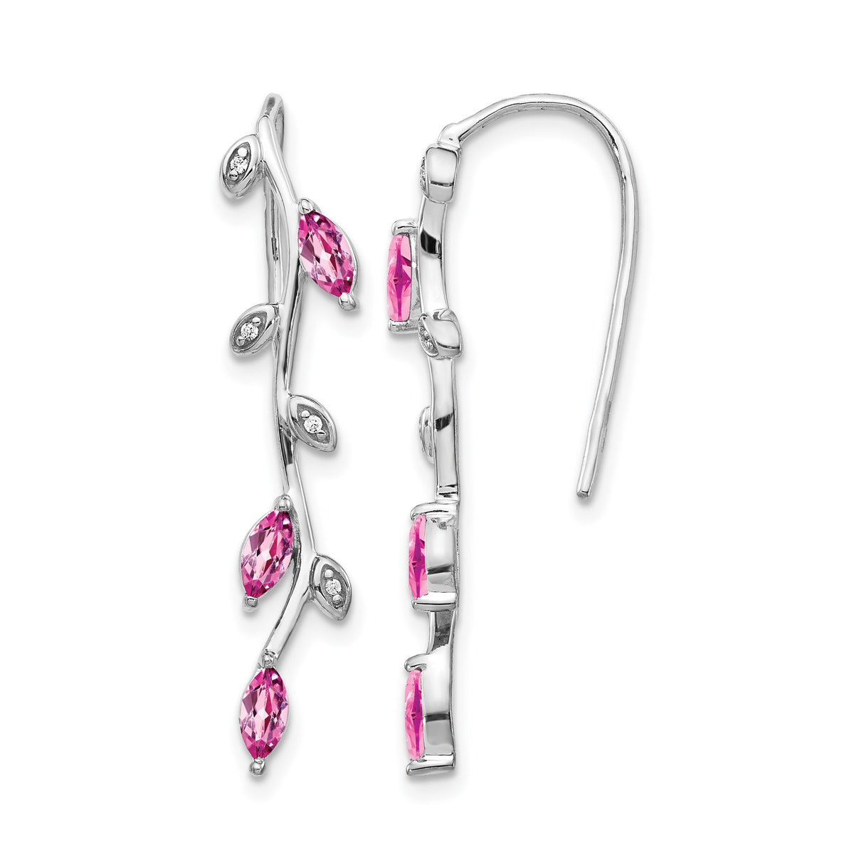 14k White Gold Vine Drop Earrings with Pink Sapphire, Diamond Accents, Leaf Motif