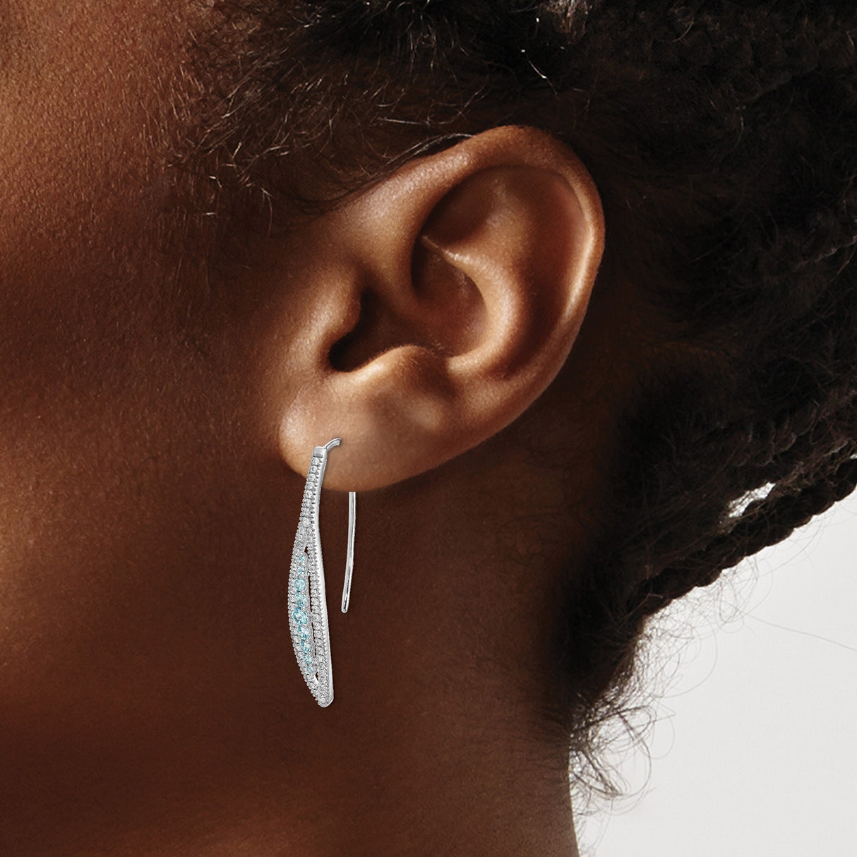 14k White Gold Dangle Earrings with Aquamarine, Open Marquise Design, Diamond Accents