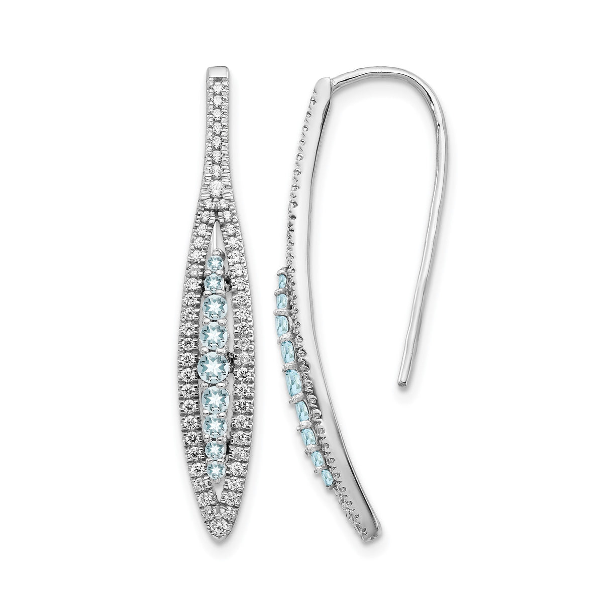 14k White Gold Dangle Earrings with Aquamarine, Open Marquise Design, Diamond Accents