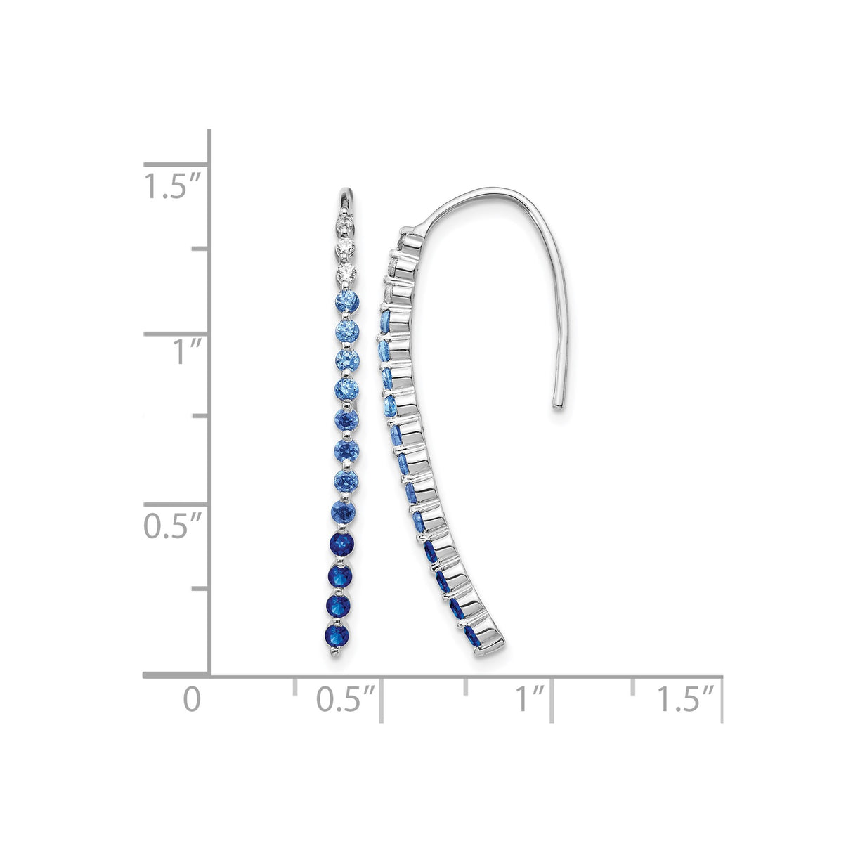 10k White Gold Threader Earrings with Sapphire, Gradient Round Cut, Modern Linear Drop Style