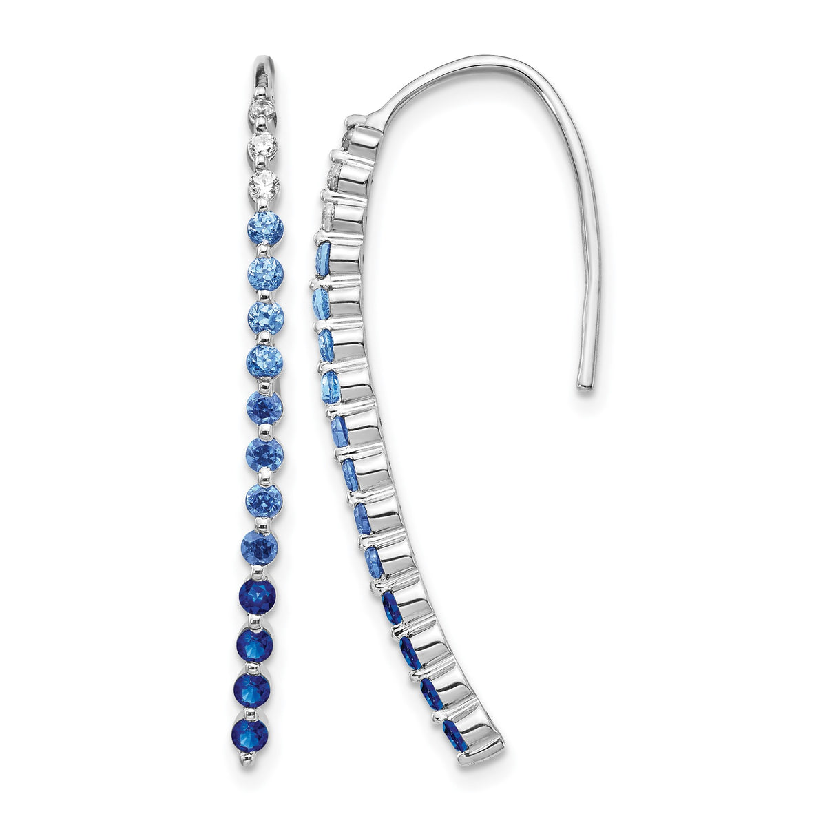 10k White Gold Threader Earrings with Sapphire, Gradient Round Cut, Modern Linear Drop Style
