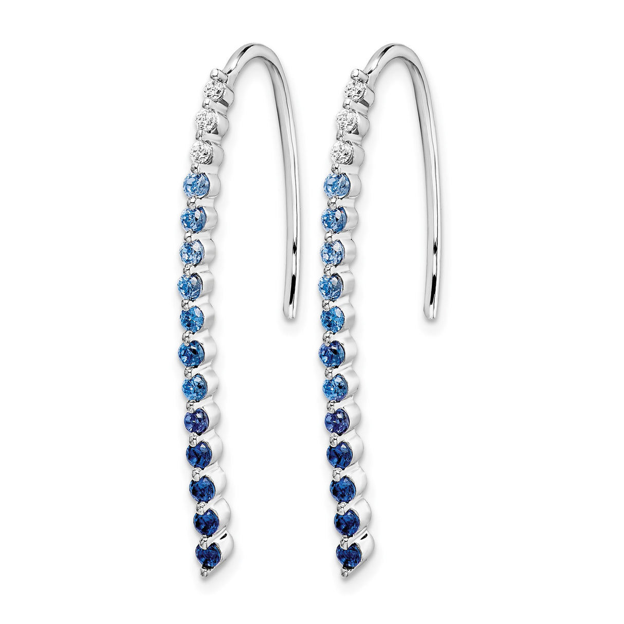 14k White Gold Threader Earrings with Blue and White Sapphires, Gradient Linear Drop Design