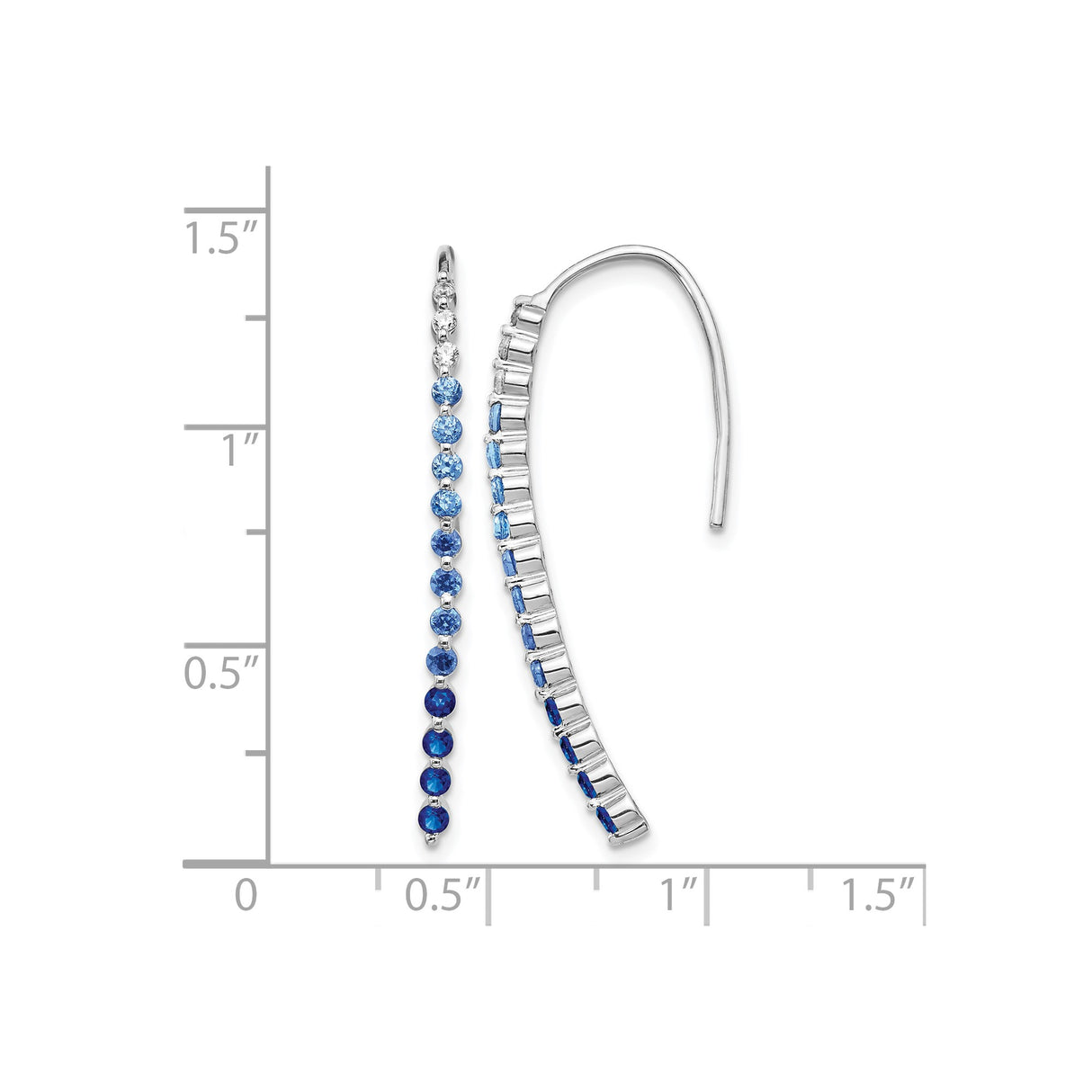 14k White Gold Threader Earrings with Blue and White Sapphires, Gradient Linear Drop Design