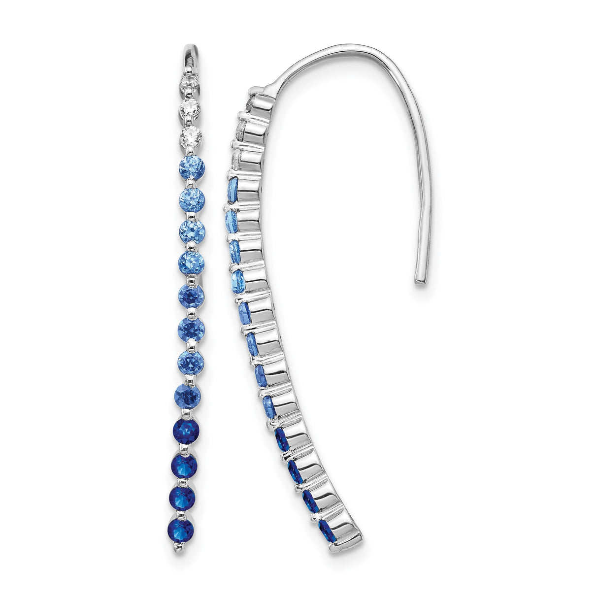 14k White Gold Threader Earrings with Blue and White Sapphires, Gradient Linear Drop Design
