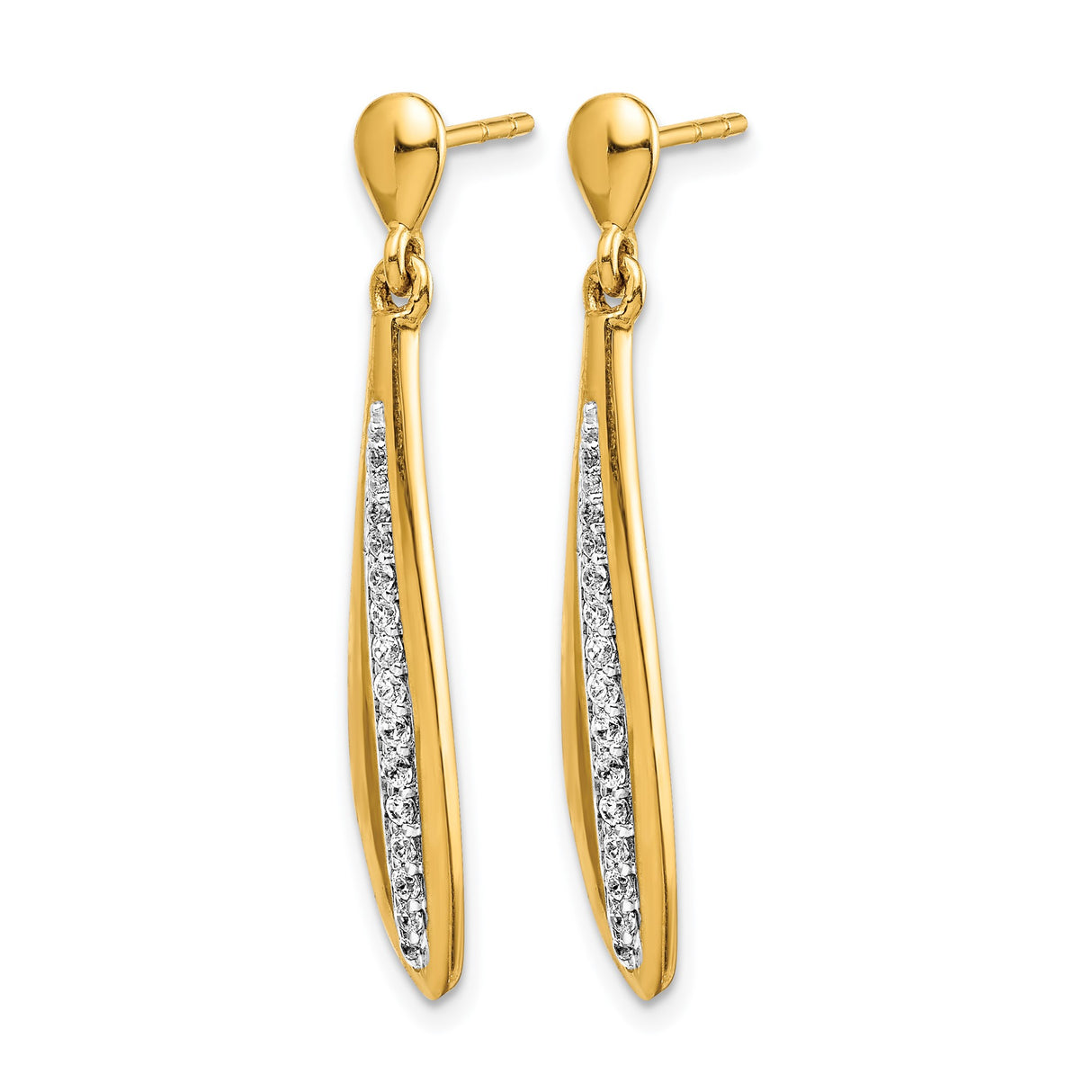 14k Yellow Gold Dangle Earrings with Diamond Accents, Sleek Curved Modern Drop Style