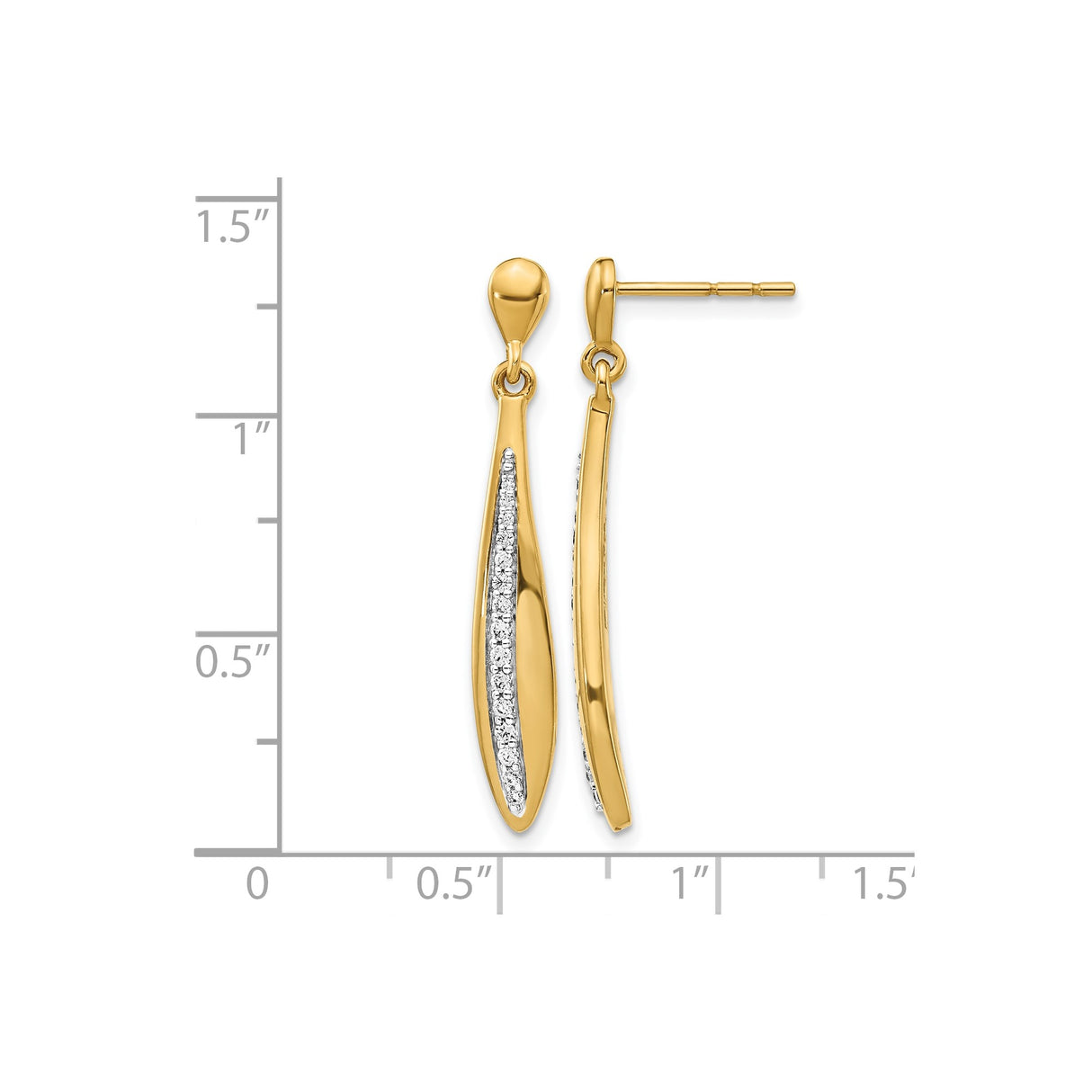 14k Yellow Gold Dangle Earrings with Diamond Accents, Sleek Curved Modern Drop Style