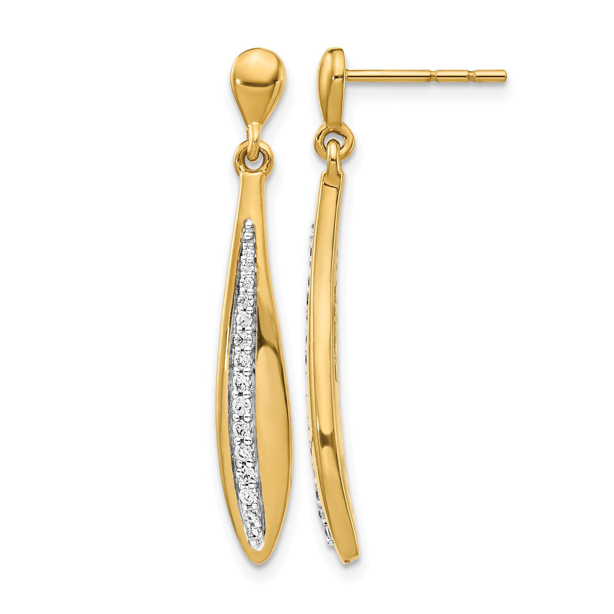 14k Yellow Gold Dangle Earrings with Diamond Accents, Sleek Curved Modern Drop Style