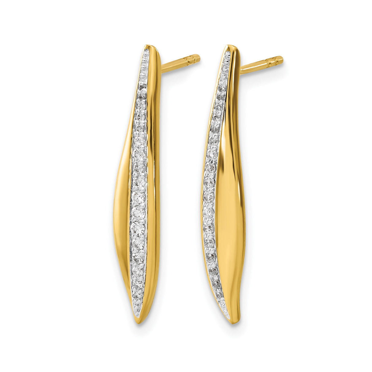 14k Yellow Gold Curved Post Earrings with Diamonds, Elongated Modern Design