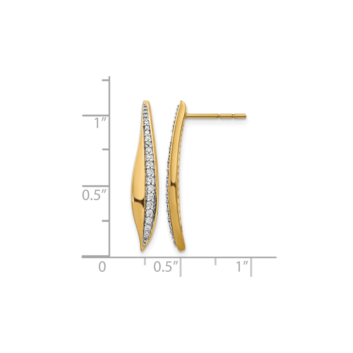 14k Yellow Gold Curved Post Earrings with Diamonds, Elongated Modern Design