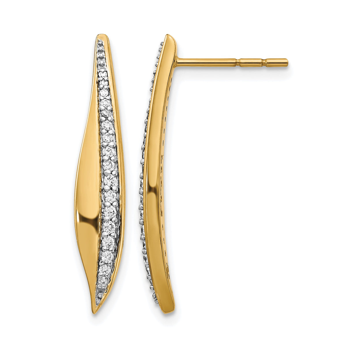 14k Yellow Gold Curved Post Earrings with Diamonds, Elongated Modern Design
