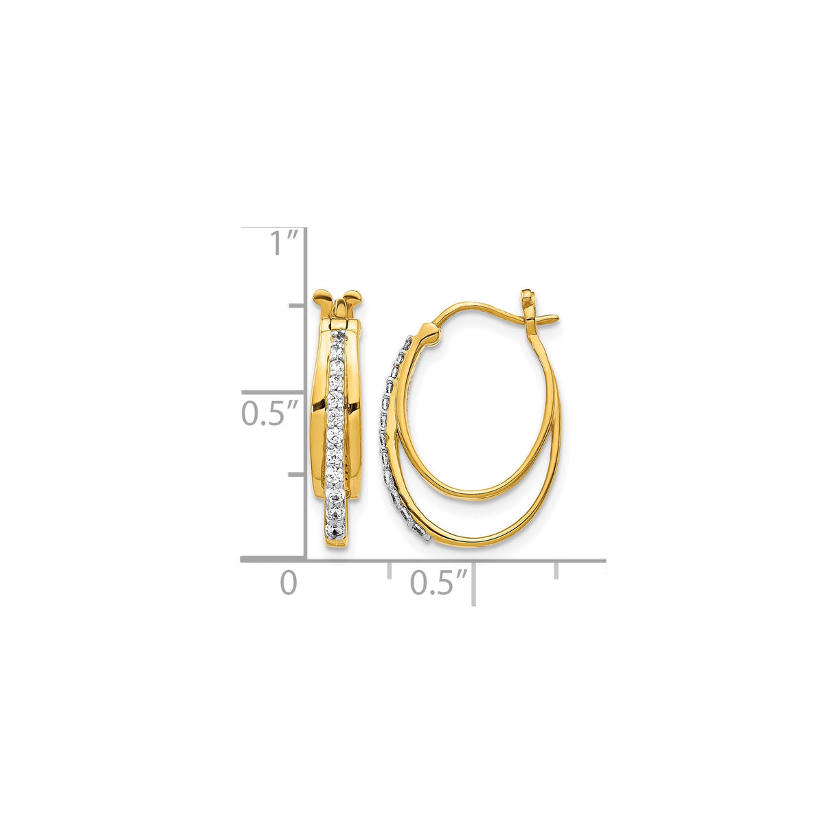 10k Yellow Gold Oval Hoop Earrings with Polished Finish and White Stone Accents