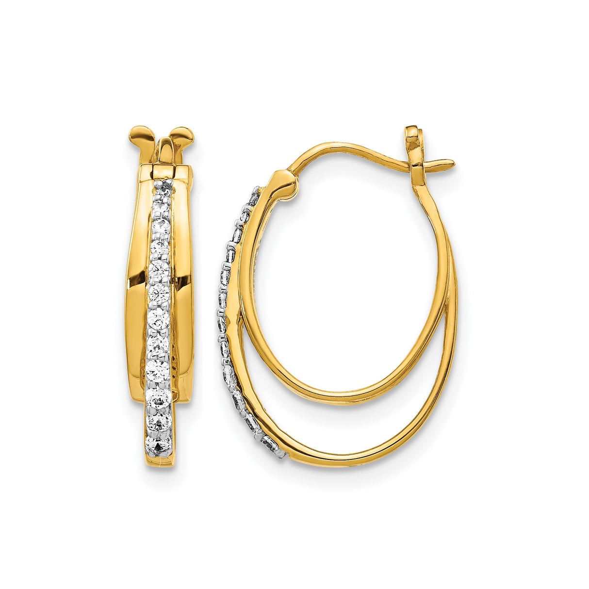10k Yellow Gold Oval Hoop Earrings with Polished Finish and White Stone Accents