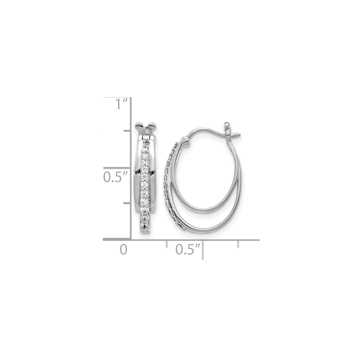 14k White Gold Oval Hoop Earrings with Round-Cut Diamonds, Modern Double Hoop Design