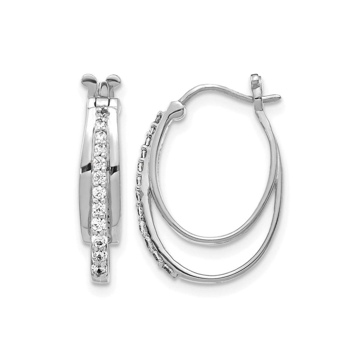 14k White Gold Oval Hoop Earrings with Round-Cut Diamonds, Modern Double Hoop Design