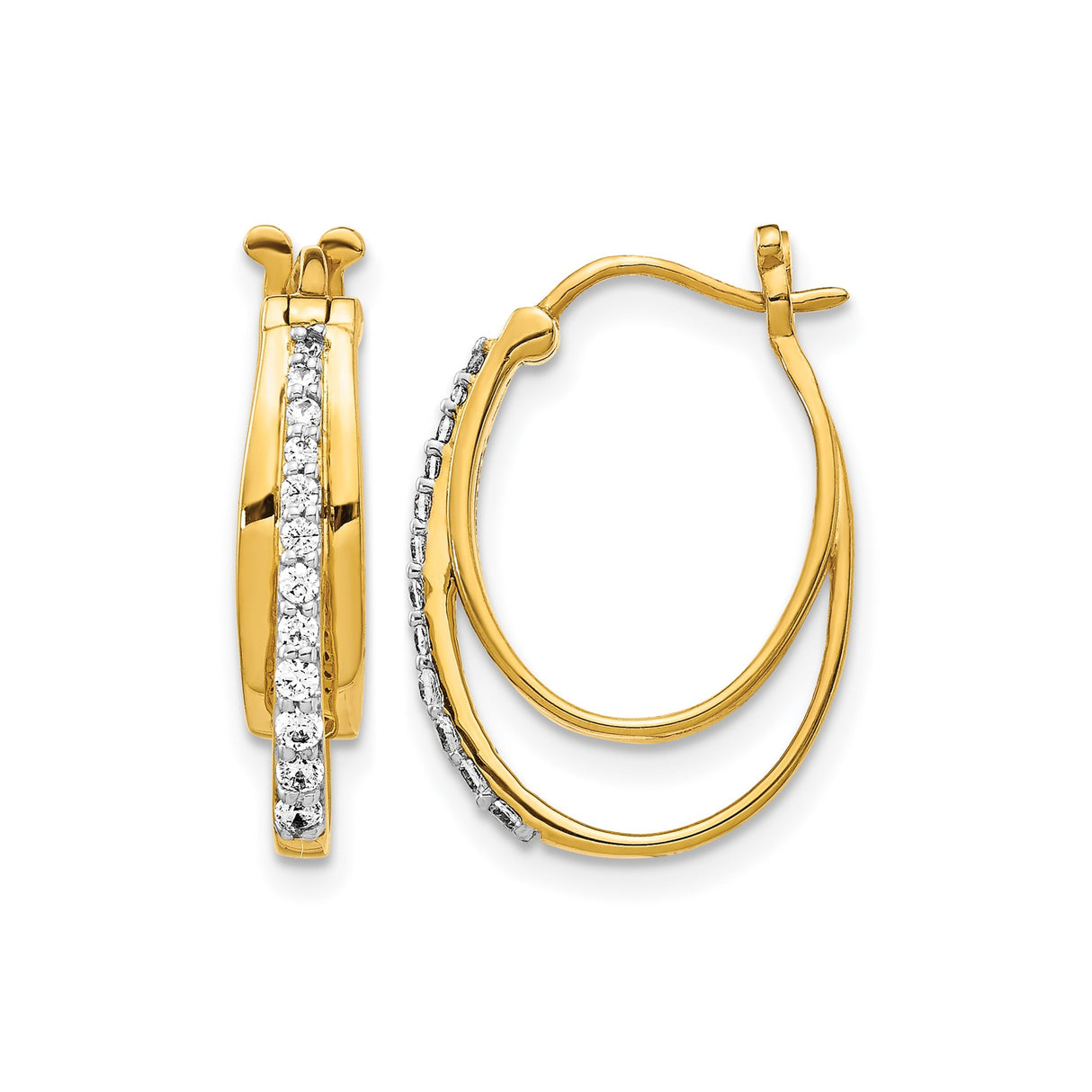 14k Yellow Gold Hoop Earrings with Diamonds, Double Oval Twist Design