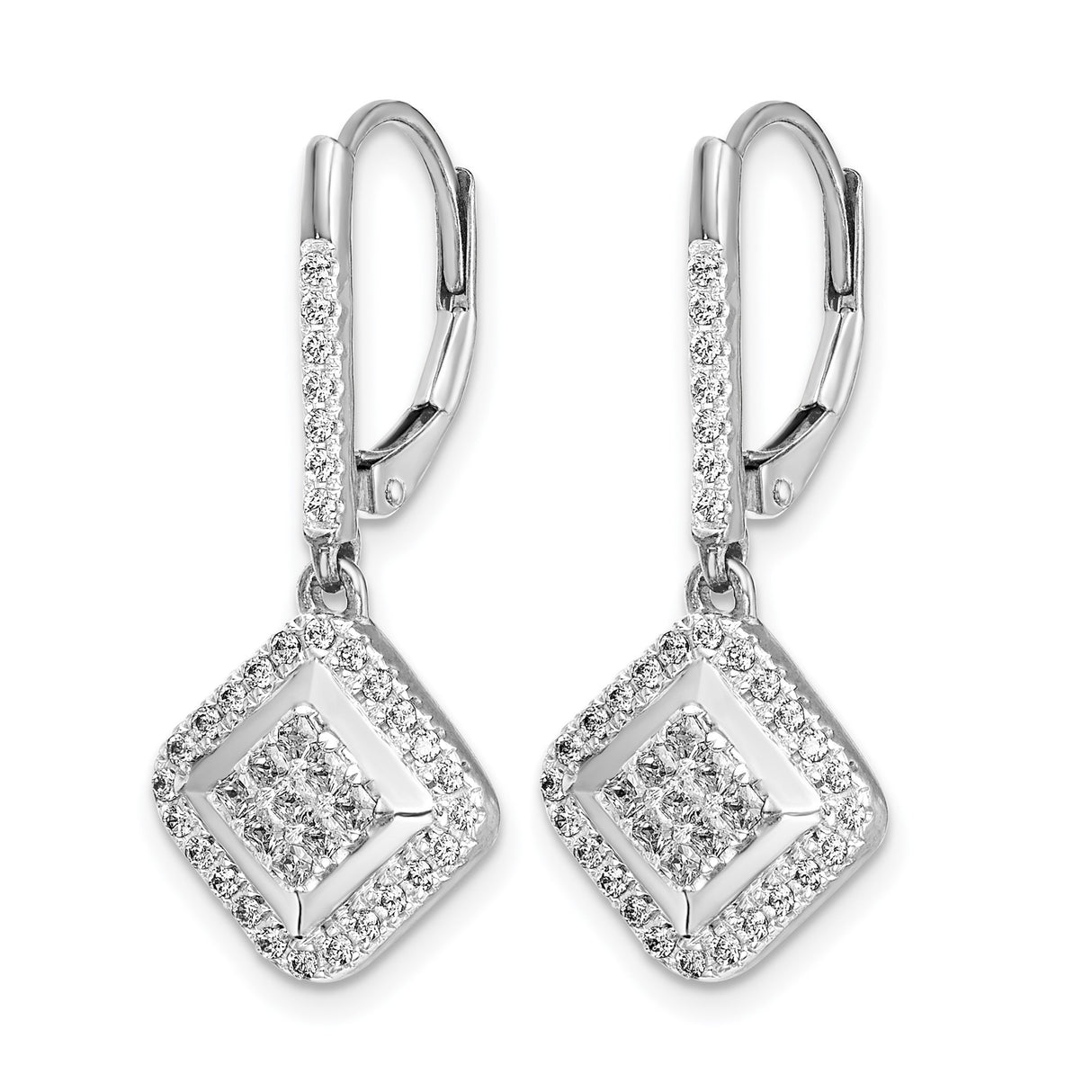 14k White Gold Drop Earrings with Diamond Cluster and Halo Accents