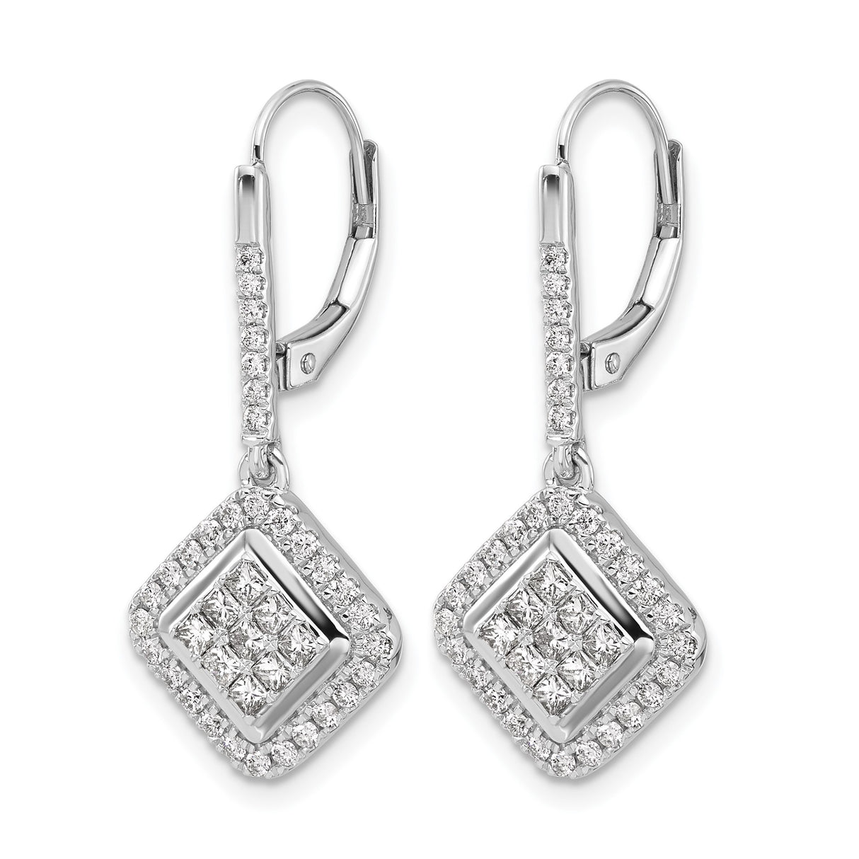14k White Gold Diamond Drop Earrings with Square Halo and Princess Cut Cluster