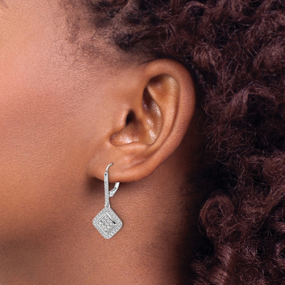 14k White Gold Diamond Drop Earrings with Square Halo and Princess Cut Cluster