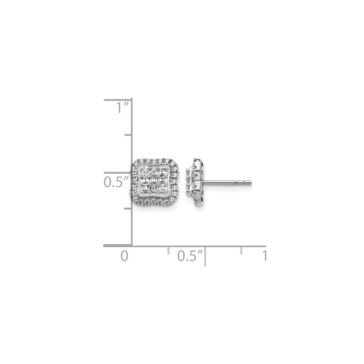 14k White Gold Diamond Stud Earrings with Princess Cut Cluster and Round Halo