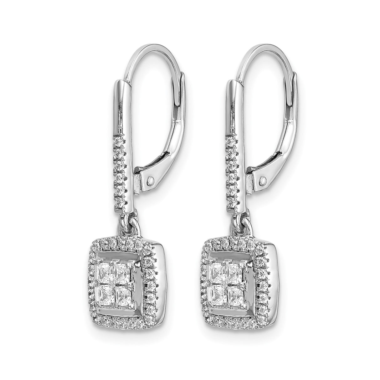 14k White Gold Leverback Earrings with Diamond Cluster Drops and Square Halo Design