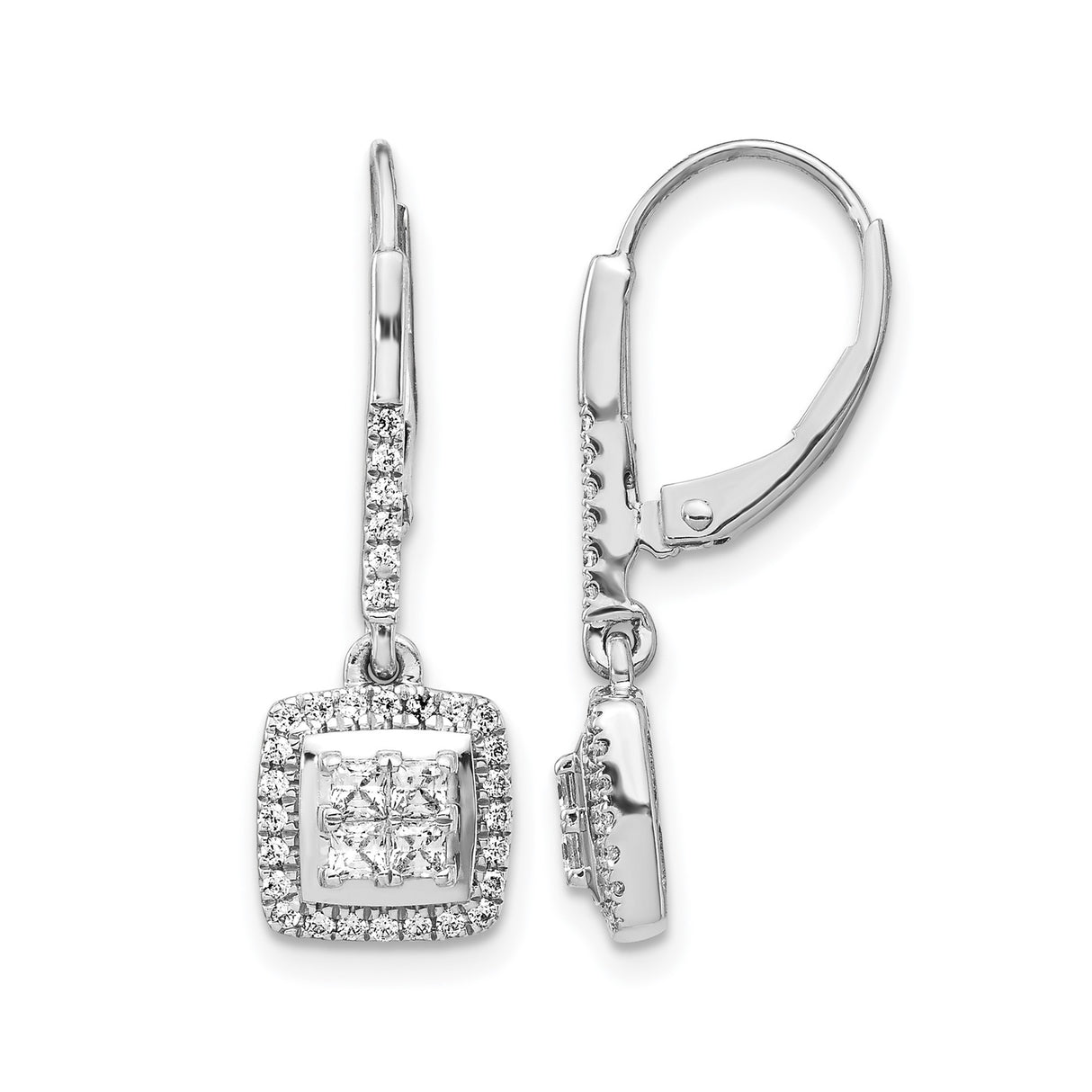 14k White Gold Leverback Earrings with Diamond Cluster Drops and Square Halo Design