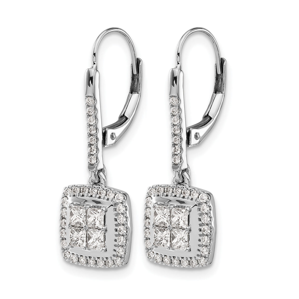 14k White Gold Dangle Earrings with Diamond Halo Clusters and Pave Leverback Design