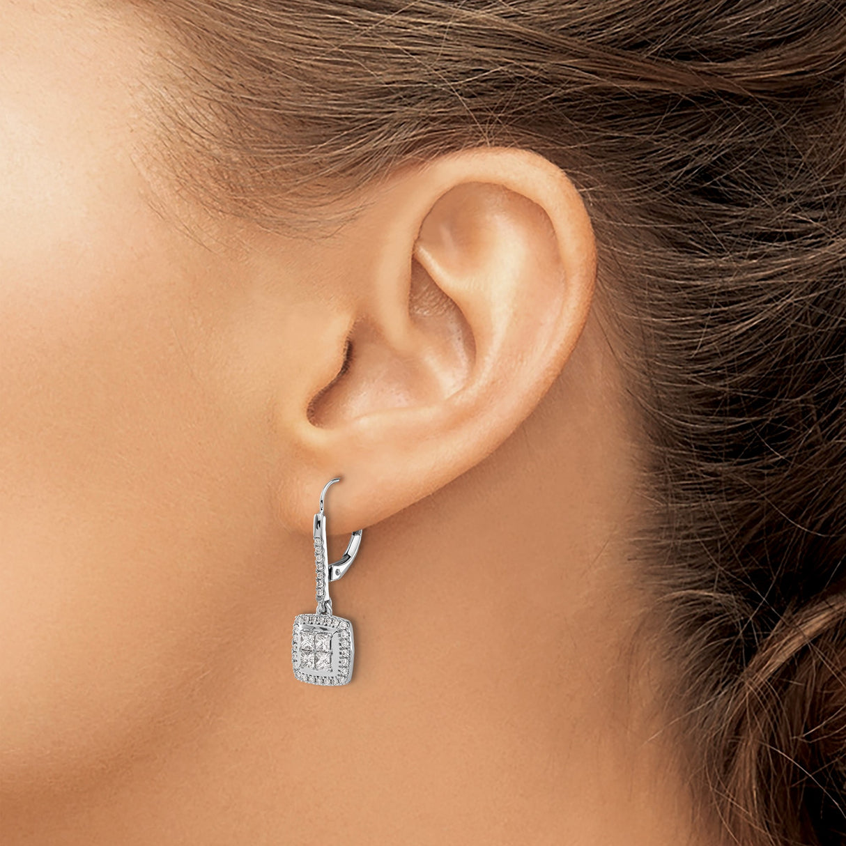 14k White Gold Dangle Earrings with Diamond Halo Clusters and Pave Leverback Design