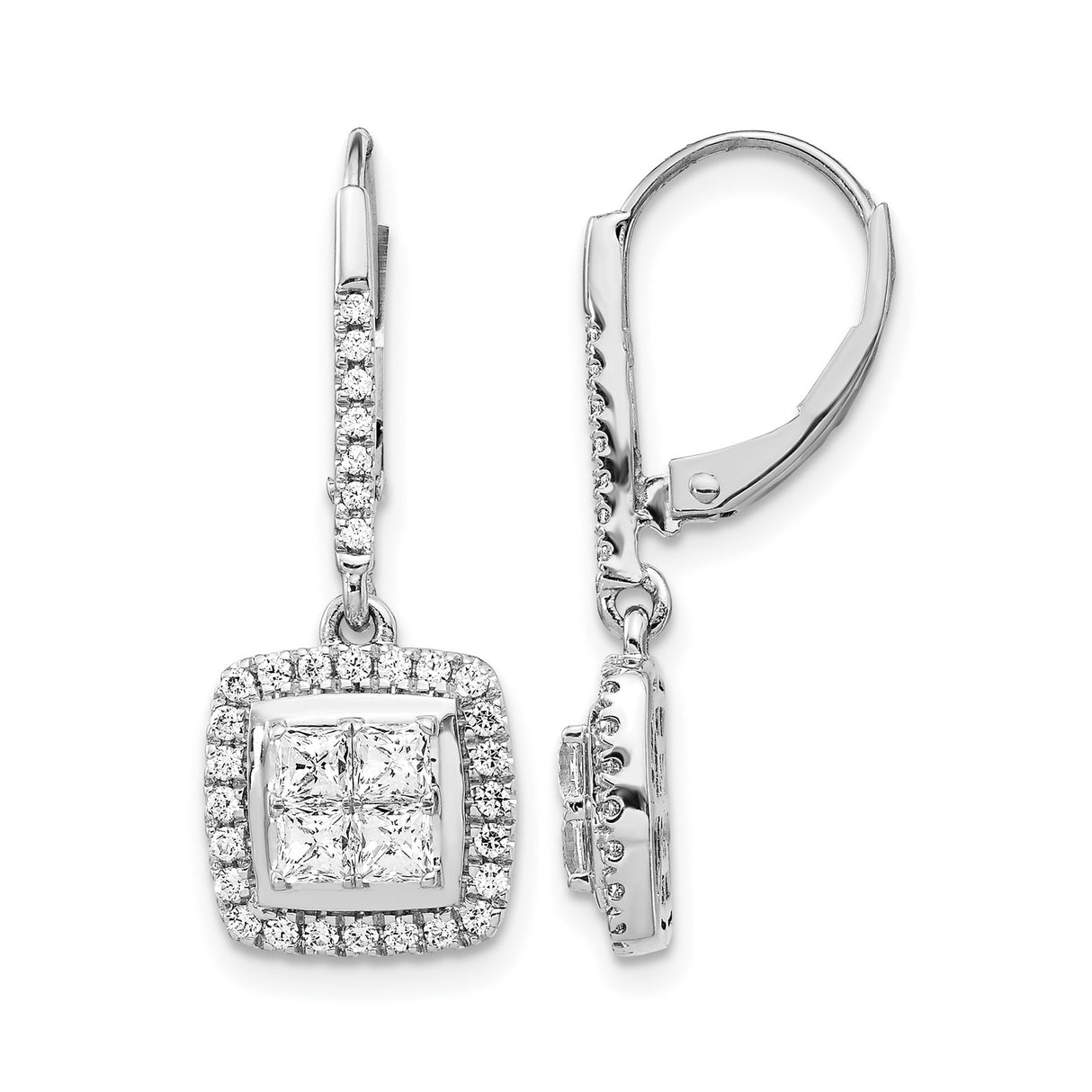 14k White Gold Dangle Earrings with Diamond Halo Clusters and Pave Leverback Design