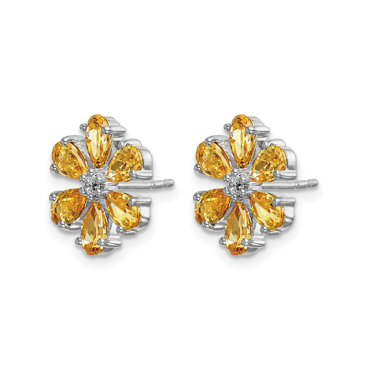14k White Gold Flower Stud Earrings with Pear Shaped Citrine and Diamond Accent