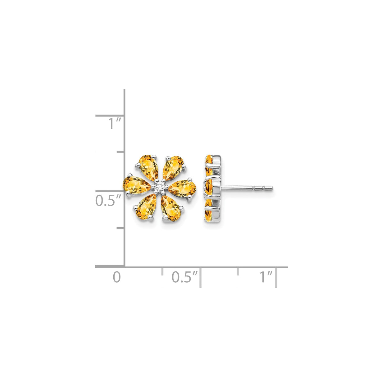 14k White Gold Flower Stud Earrings with Pear Shaped Citrine and Diamond Accent
