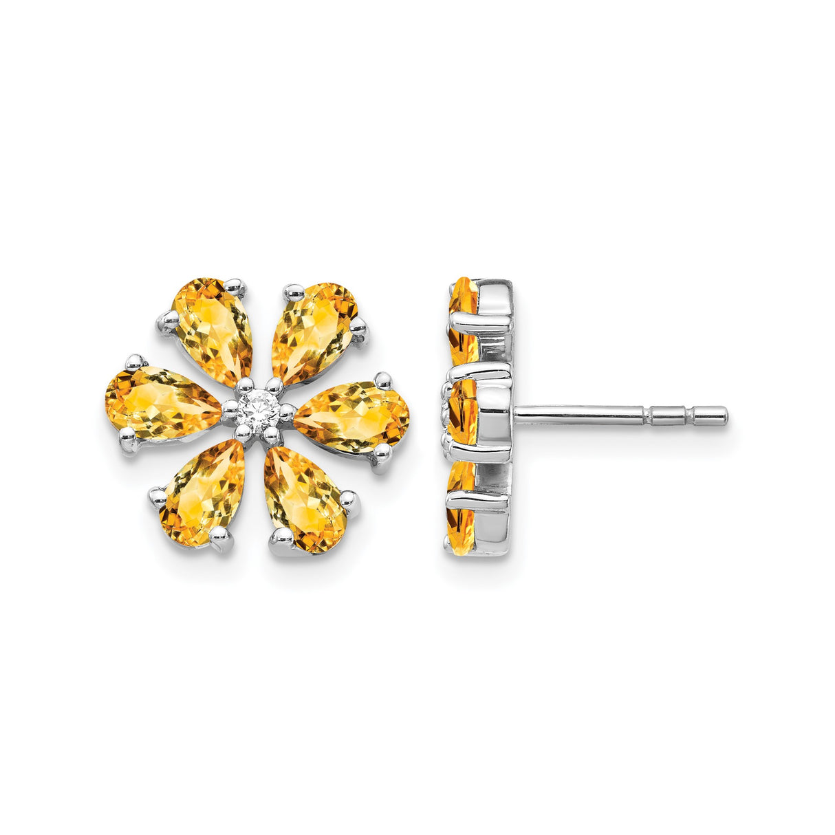 14k White Gold Flower Stud Earrings with Pear Shaped Citrine and Diamond Accent