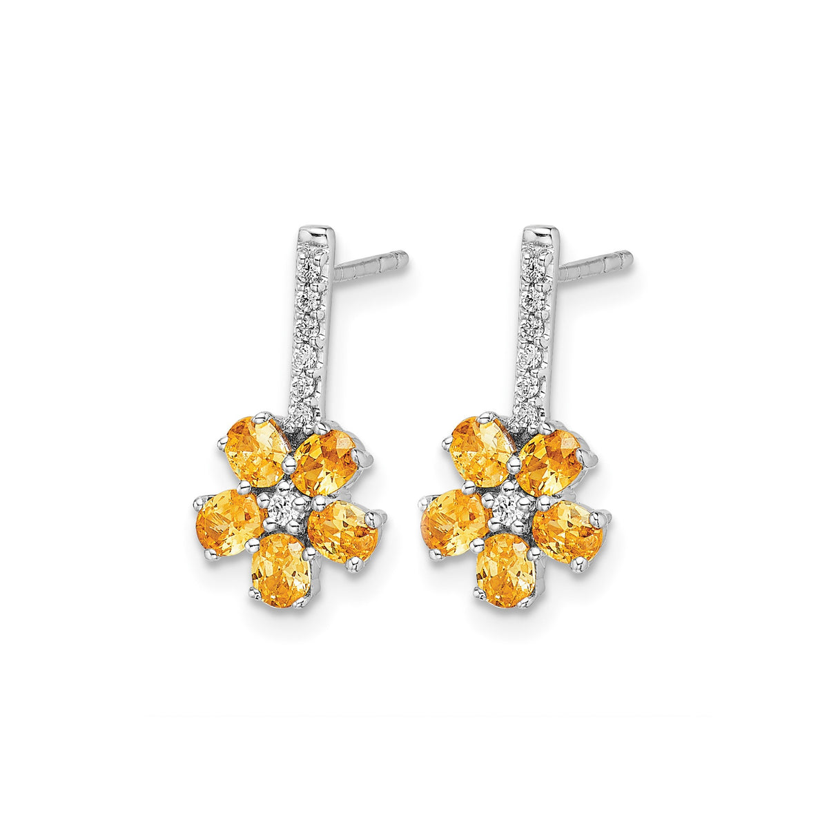 14k White Gold Floral Stud Earrings with Citrine and Diamond Accents, Dainty Daisy Design